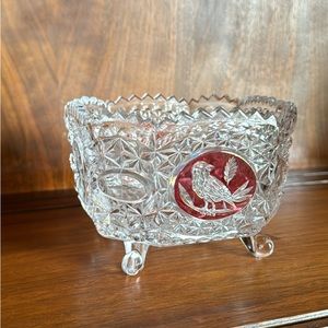Vintage Hofbauer Byrdes Red Bird Round Bowl Dish Footed German 24% Lead Crystal